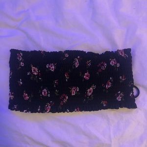 Black floral ruched bandeau swim top